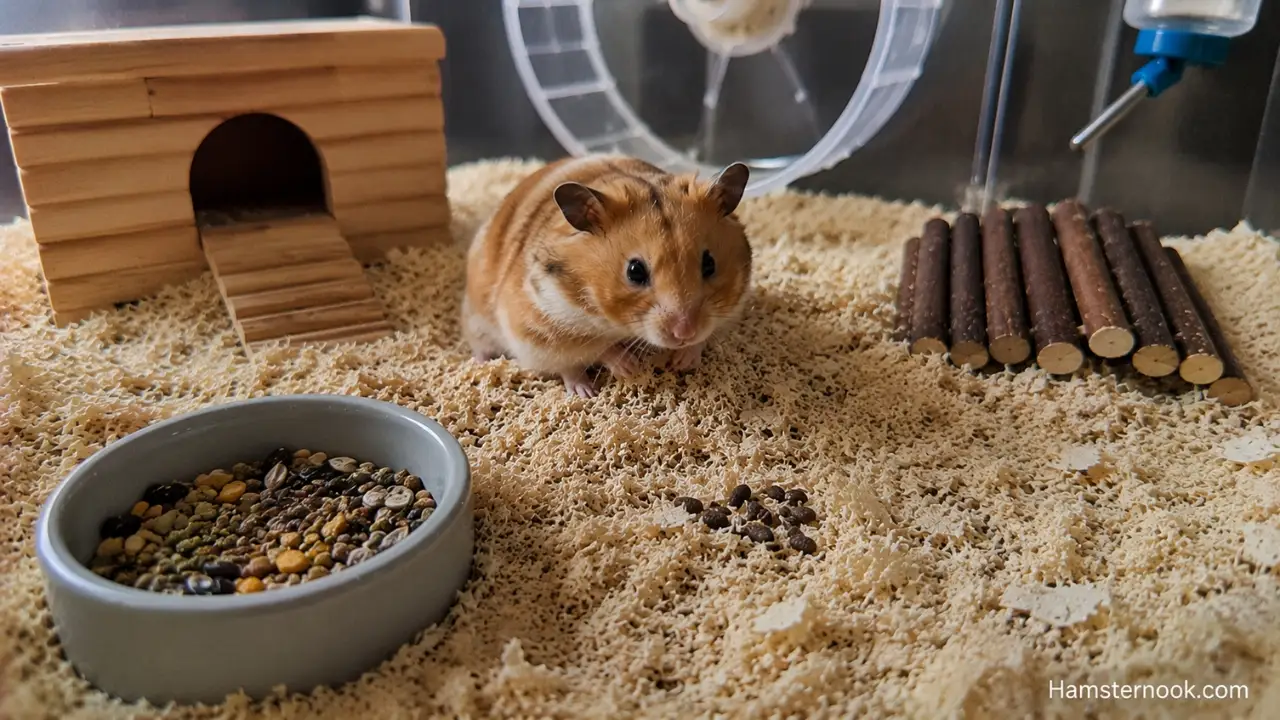 Healthy hamster droppings inside a clean hamster enclosure showing normal firm dark pellets