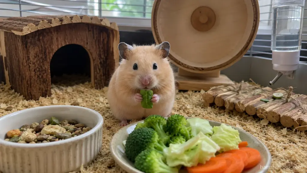 Relaxed Syrian hamster eating fresh vegetables inside a spacious enriched enclosure