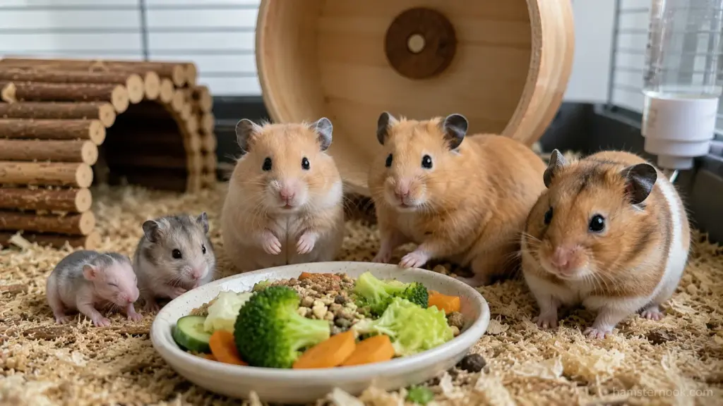 Happy hamster exploring tunnels and enrichment toys