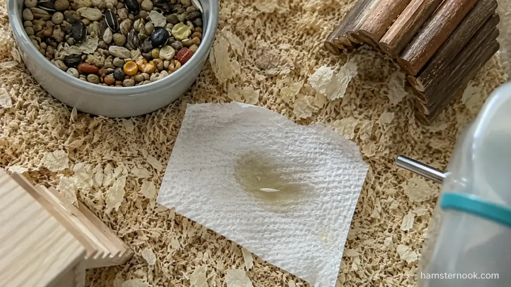Healthy pale yellow hamster urine compared with darker dried urine stains on bedding