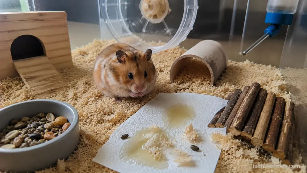 Healthy hamster sitting near bedding while urine health warning signs are being monitored