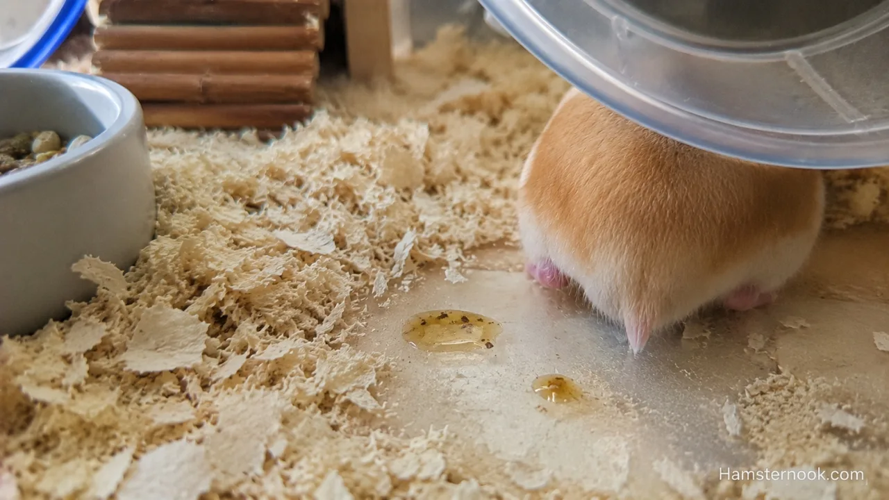 Healthy hamster urine on white bedding showing normal appearance