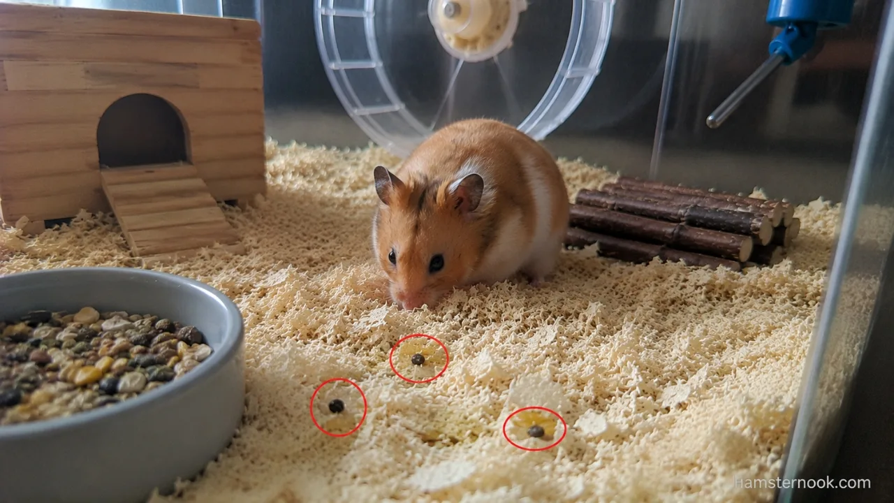 Healthy hamster urine spot showing normal yellow color in a pet hamster enclosure