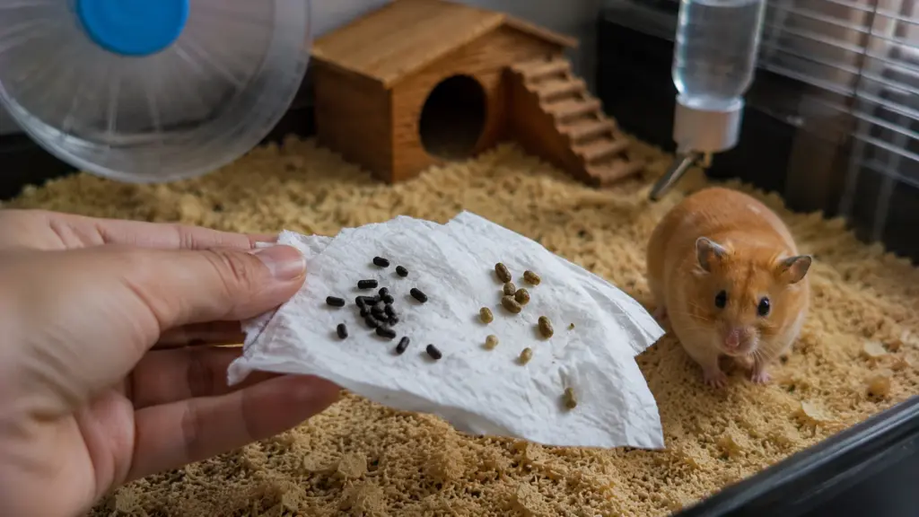 Healthy hamster droppings compared with abnormal droppings that may need attention