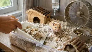Owner spot cleaning hamster bedding inside a clean hamster cage