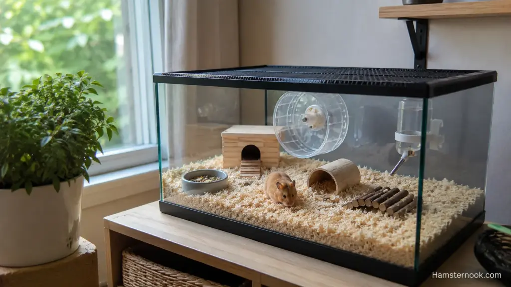 Hamster cage placed in a quiet room away from direct sunlight