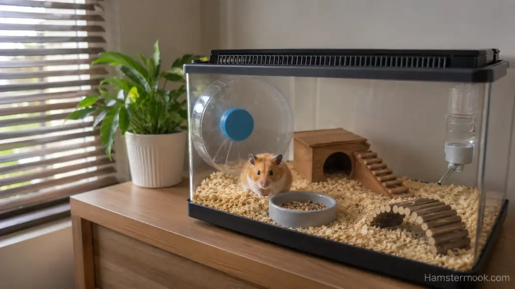 Hamster enclosure placed safely away from windows on an interior wall