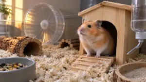 Syrian hamster resting in a cozy enclosure with natural daytime room lighting