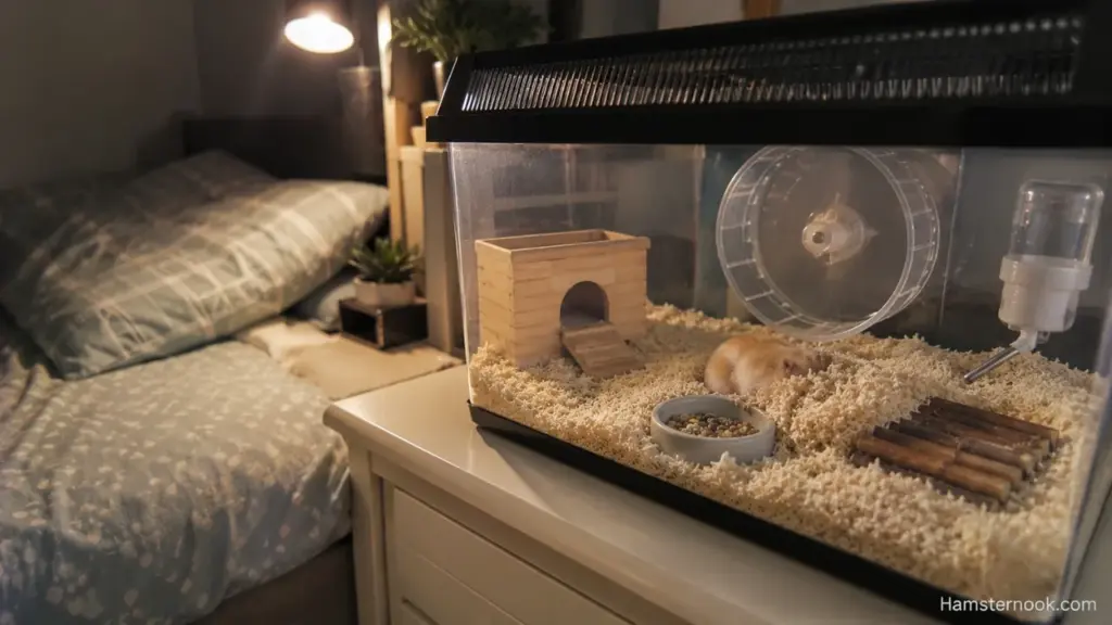 Hamster enclosure safely positioned in a quiet bedroom