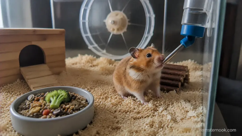 Owner observing hamster eating and drinking during a routine health check