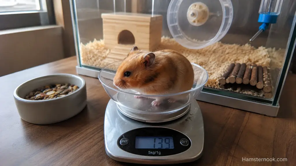 Older hamster being weighed in a container on a digital gram scale