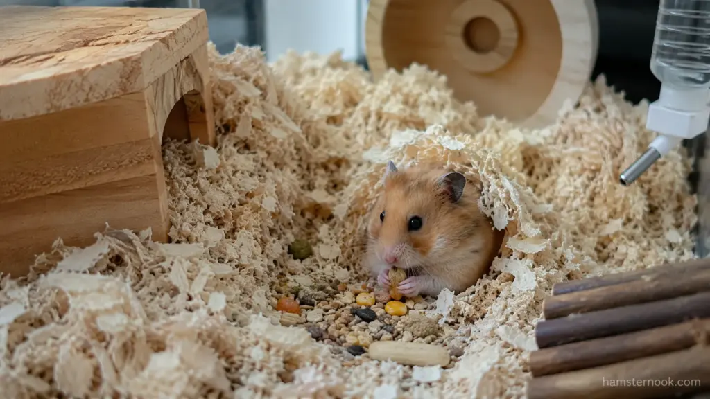 Hamster carrying food through a bedding tunnel