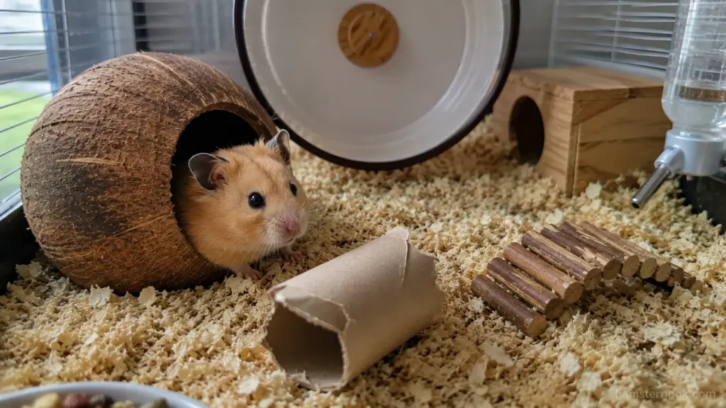 Hamster exploring a coconut hideout with tunnels and natural enrichment