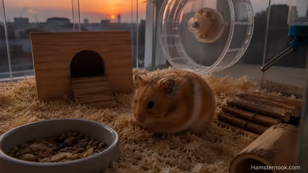 Hamster emerging from a hide in dim evening lighting