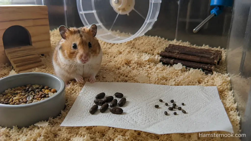 Comparison of normal hamster droppings and smaller-than-normal droppings