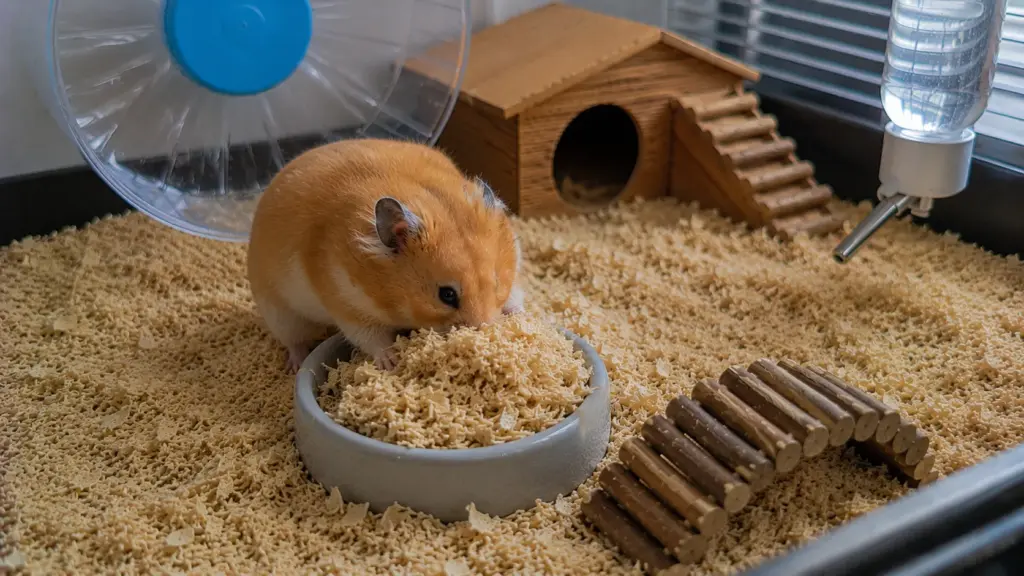 Hamster eating from a food bowl that is partially covered with bedding