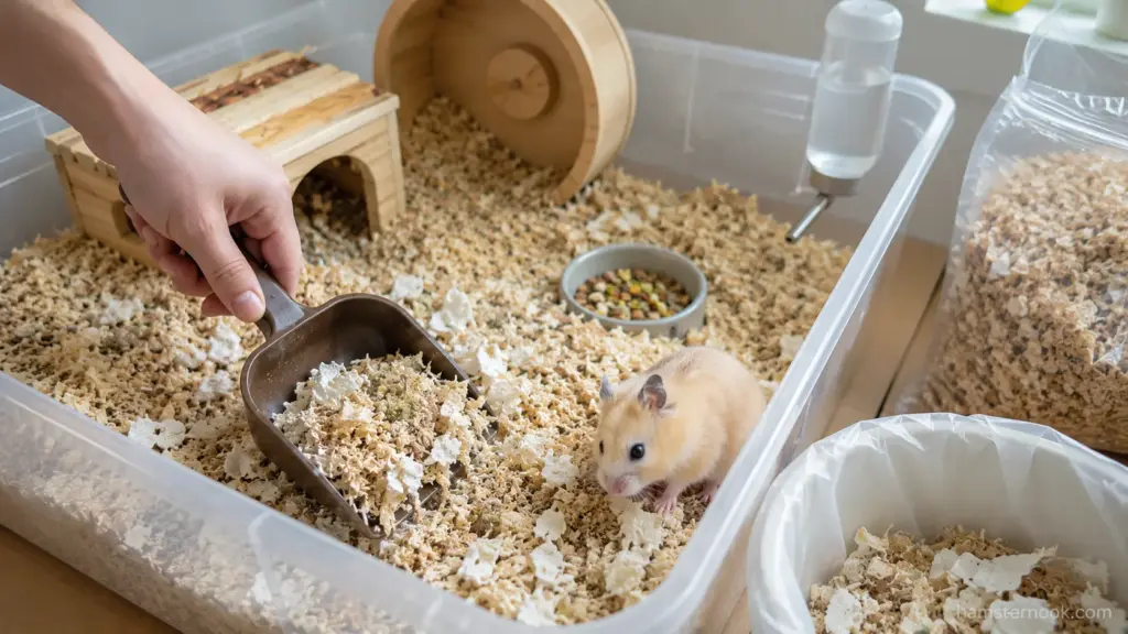 Preparing a hamster cage before removing dirty bedding
