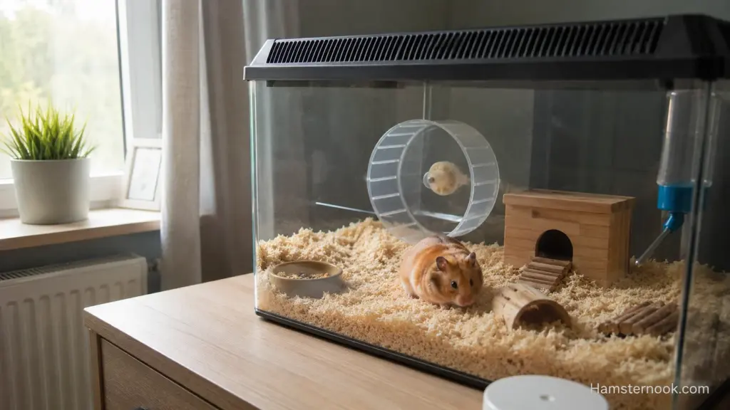 Hamster cage positioned in a quiet area away from speakers and household noise