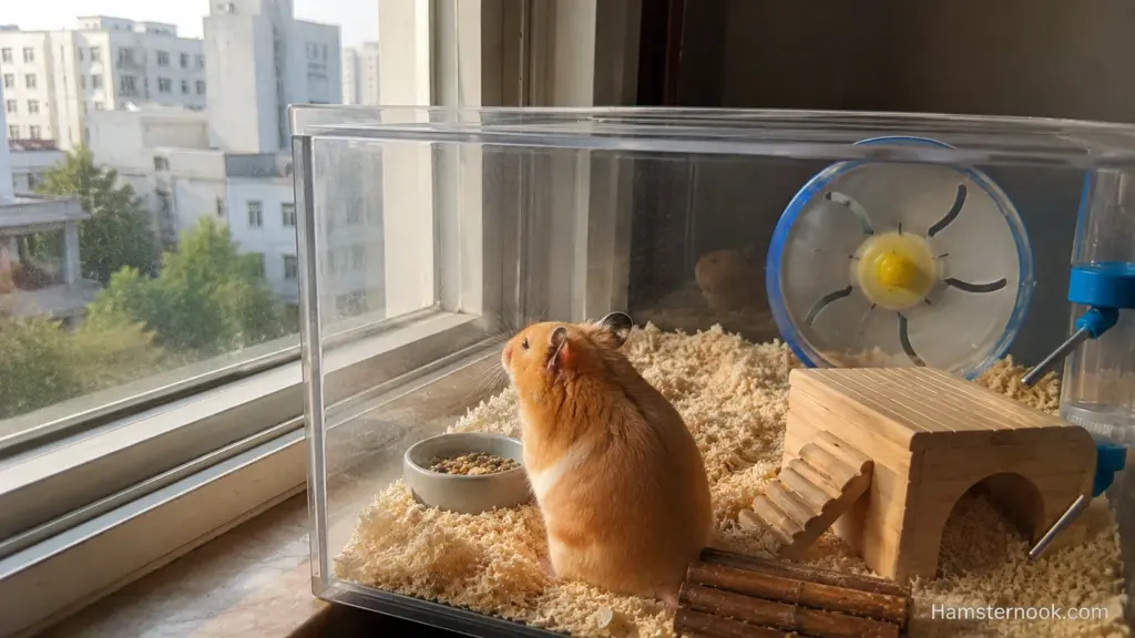 Hamster cage positioned beside a sunny window showing potential sunlight exposure