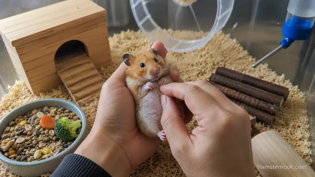 Owner checking hamster enclosure during a routine health inspection