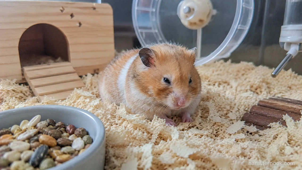 Senior hamster care for an older hamster resting comfortably in a safe enclosure