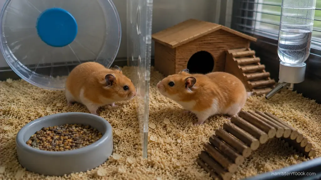 Two Syrian hamsters separated by a clear divider inside an enclosure