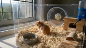 Hamster cage placed near a window with natural daylight entering the room