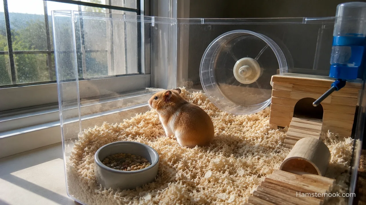 Hamster cage placed near a window with natural daylight entering the room