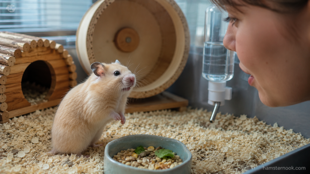 Hamster responding calmly to its owner's voice near the enclosure