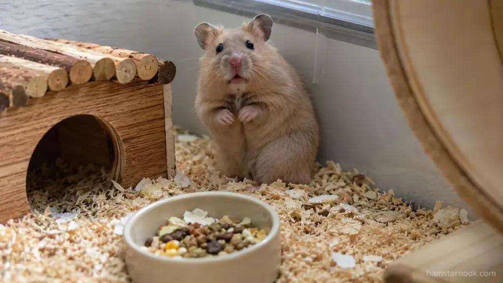 Cautious hamster peeking from a wooden hideout