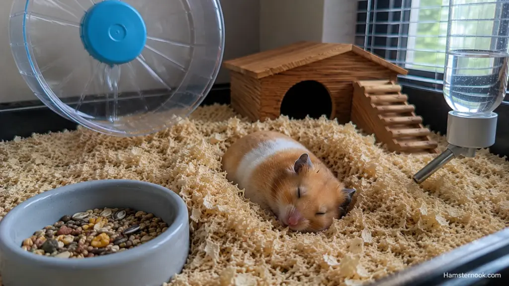 Sleeping Syrian hamster resting peacefully in deep bedding