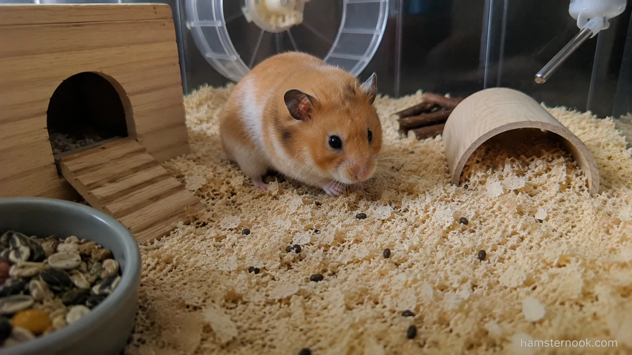 Hamster owner checking small hamster droppings inside a clean enclosure