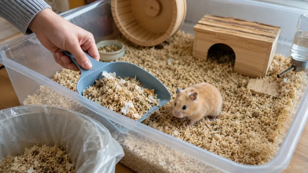 Spot cleaning soiled hamster bedding with a scoop while leaving clean bedding in place