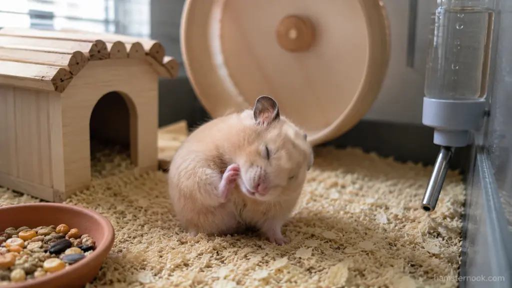 Hamster scratching inside its enclosure while owners monitor skin condition