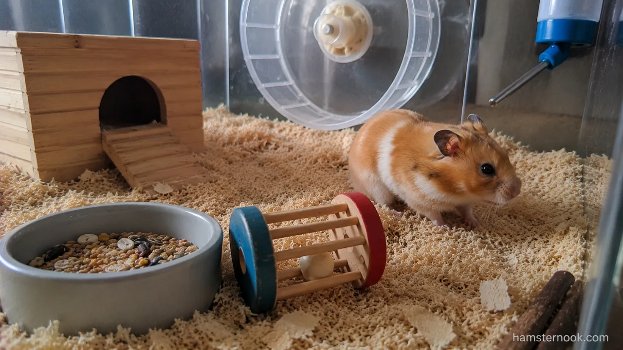 Syrian hamster sniffing a new wooden toy inside a clean glass enclosure