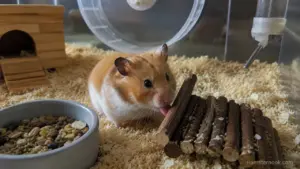 Syrian hamster licking a wooden chew toy inside a clean enclosure