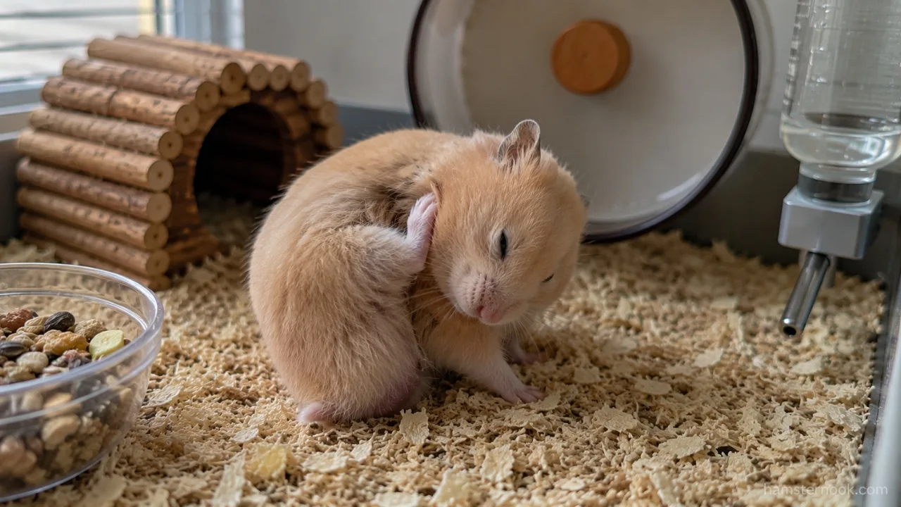 Syrian hamster scratching behind its ear while grooming inside a clean habitat