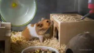 Curious Syrian hamster sniffing a wooden tunnel and bedding inside a clean enclosure