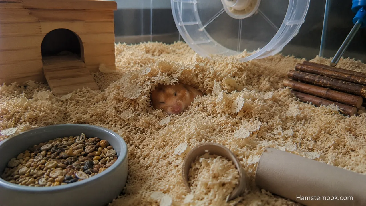Syrian hamster sleeping under soft paper bedding in a different corner of its enclosure