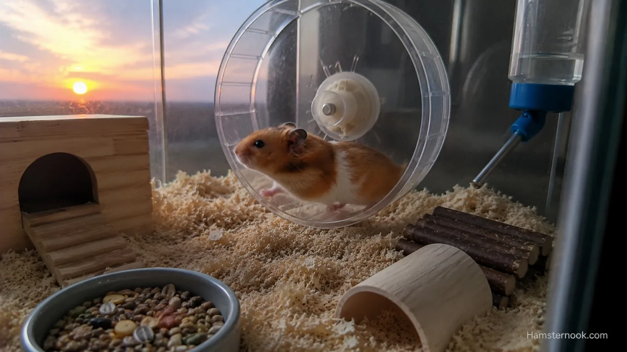 Syrian hamster running on its exercise wheel at dawn inside a clean glass enclosure