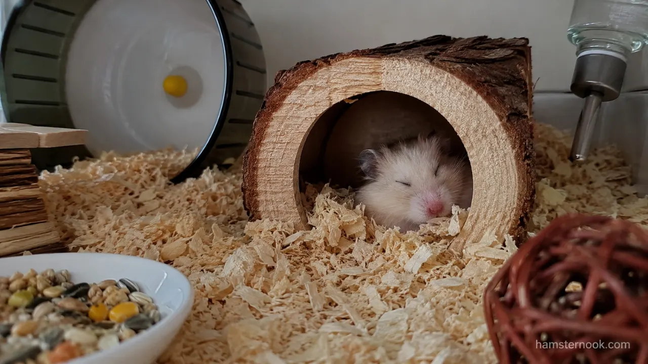 Hamster sleeping more than usual inside its nest while resting in a cozy cage