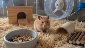 Pet hamster sitting beside its food bowl without storing food inside a clean home enclosure