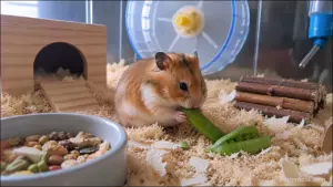 Hamster eating a small piece of sugar snap pea
