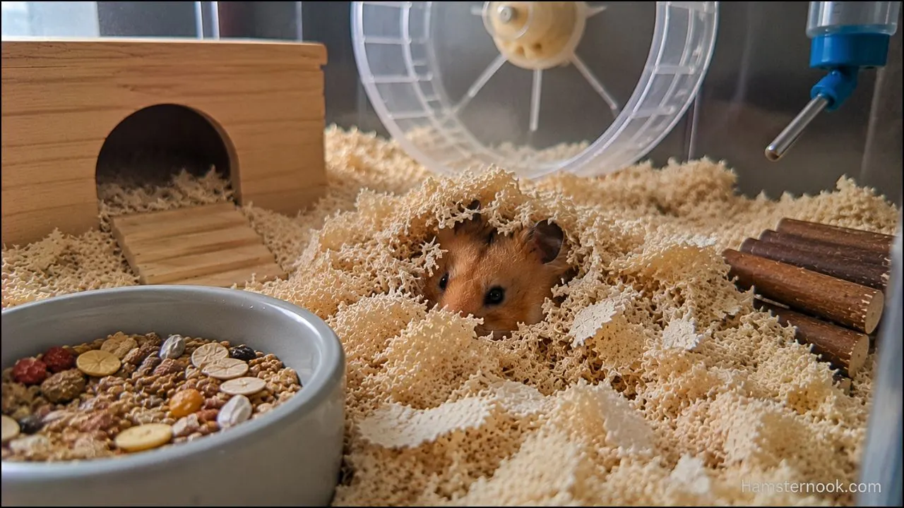 Hamster breathing safely under deep bedding while burrowing