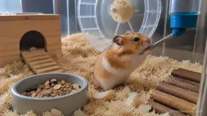 Hamster drinking fresh water from a water bottle in its enclosure