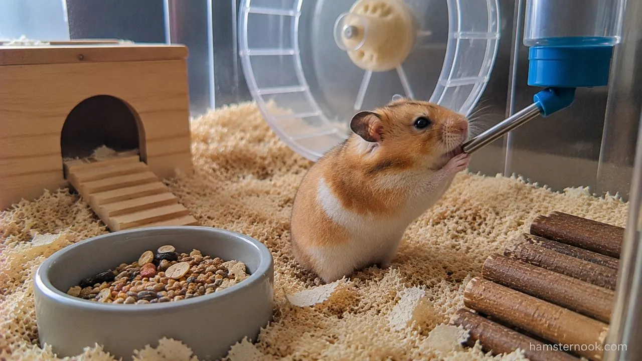 Hamster drinking fresh water from a water bottle in its enclosure