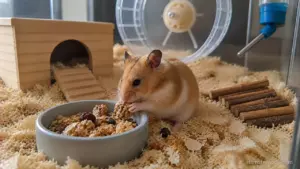 Hamster eating granola with oats, seeds and ingredients