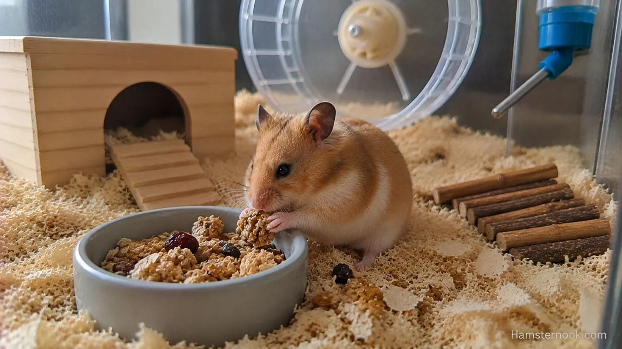 Hamster eating granola with oats, seeds and ingredients