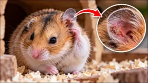 Hamster with a visible ear problem showing redness and irritation