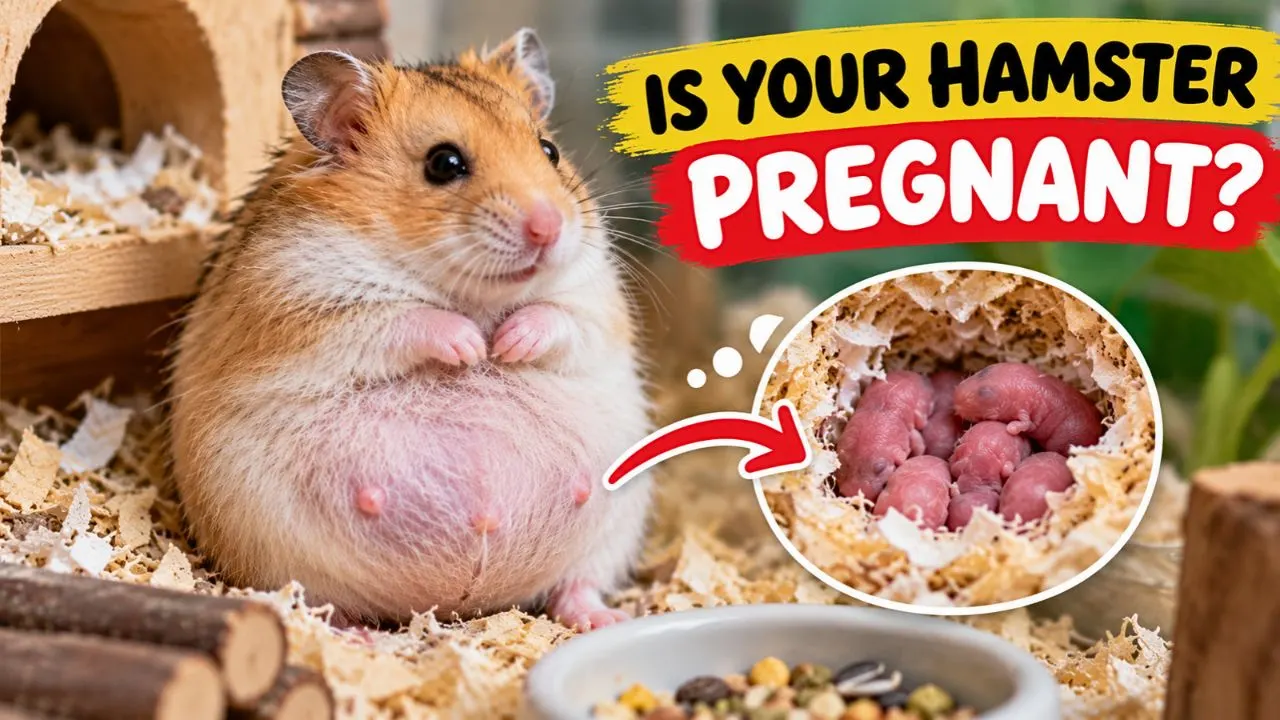 Pregnant Syrian hamster with a round belly nesting in soft paper bedding